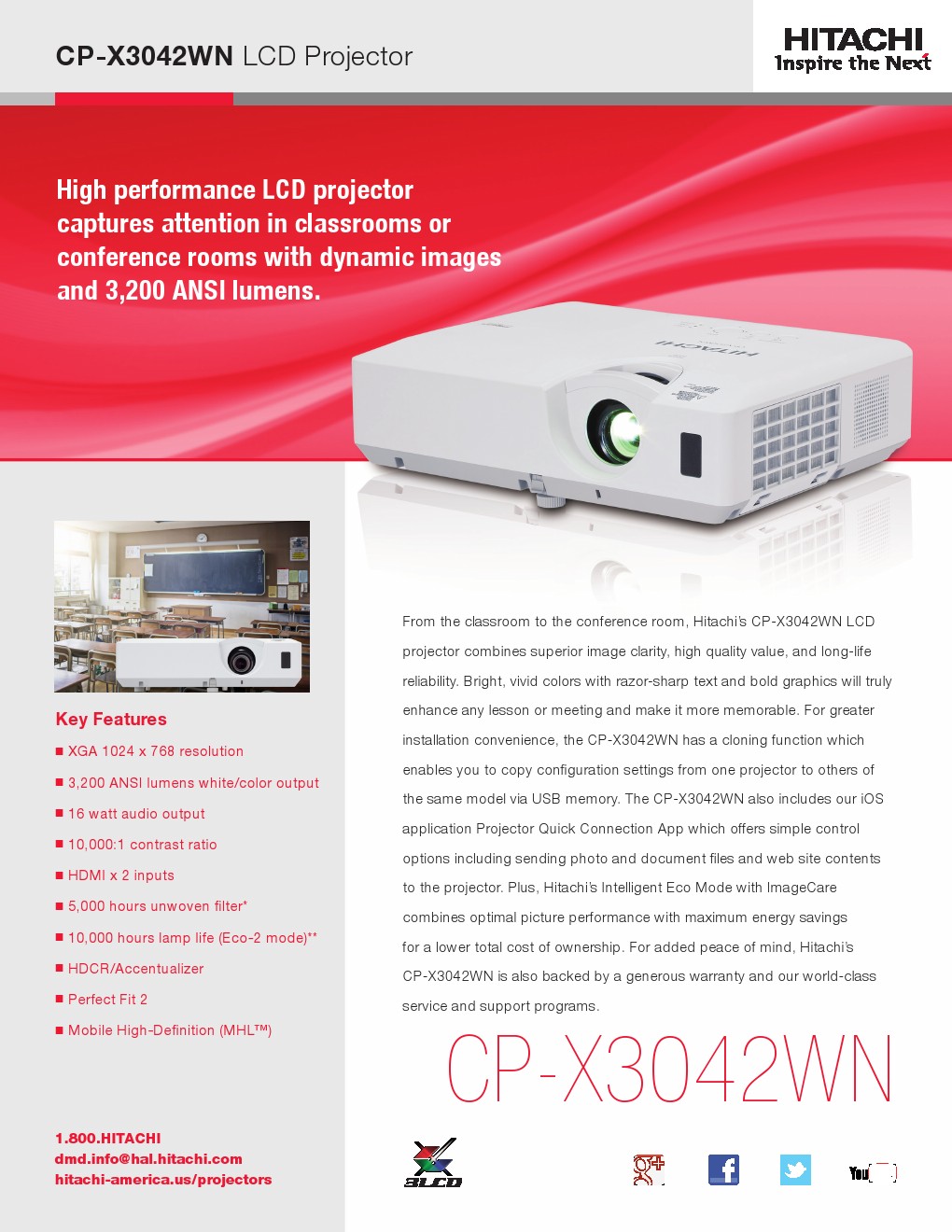 Hitachi CP-X3042WN - LCD projector - 3200 lumens - XGA (1024 x 768