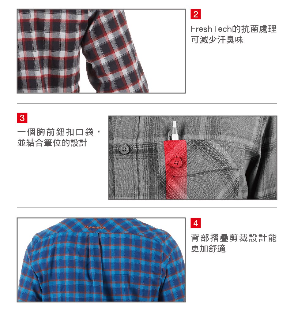 Mammut 長毛象 Belluno Tour Longsleeve Shirt Men 抗菌格紋長袖襯衫 幻影黑/紅 男款 #1030-02600