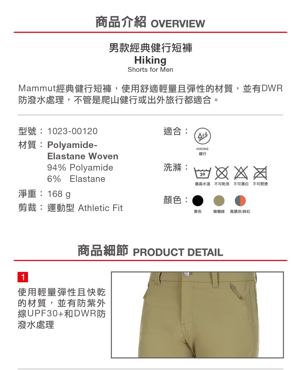 Mammut 長毛象 Hiking Shorts Men 經典健行短褲 黑色 男款 #1023-00120