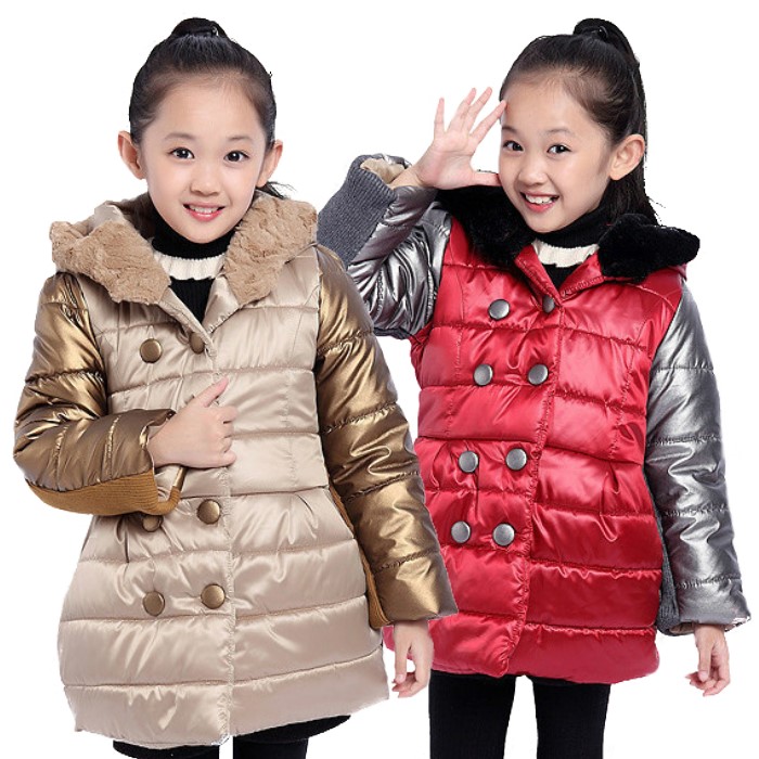 女童裝冬裝韓版連帽加厚純色女童外套大衣雙排扣拼接棉衣