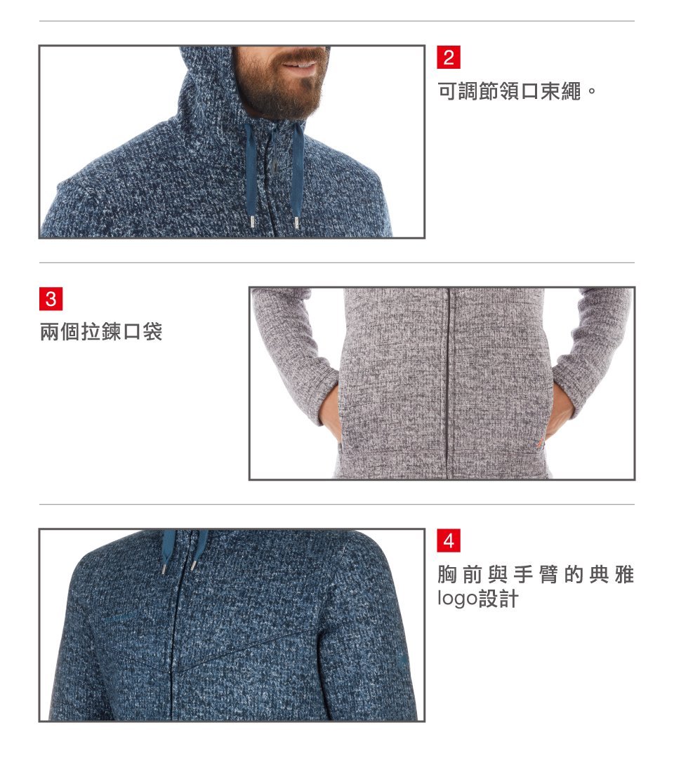 【Mammut 長毛象】Chamuera ML Hooded Jacket Men 印花針織刷毛連帽外套 鯊魚灰 男款 #1014-01360