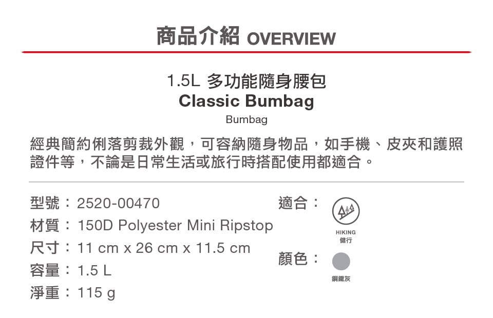 【Mammut 長毛象】Classic Bumbag 多功能隨身腰包 1.5L 鋼鐵灰 #2520-00470