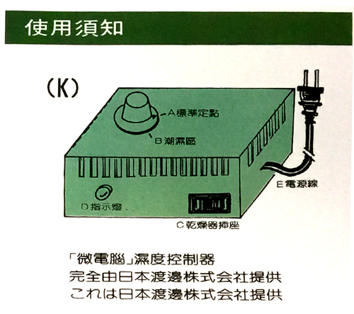 使用須知(K)標準定點潮濕區電源線D指示燈C乾燥器插座「微電腦」濕度控制器完全由日本渡邊株式会社提供これは日本渡邊株式会社提供