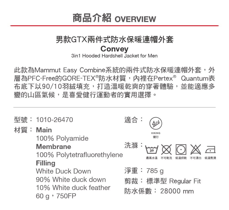 Mammut 長毛象 Convey 3 in 1 HS Hooded Jacket GTX兩件式防水保暖外套 黑色 男款 #1010-26470