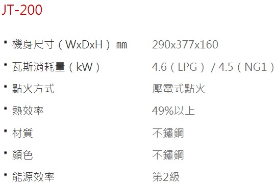 JT-200-喜特麗-單口-檯爐-台爐-傳統式-不銹鋼-不鏽鋼-瓦斯爐-規格