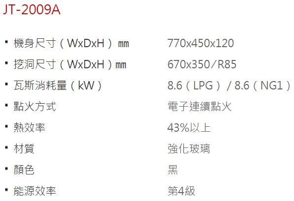 JT-2009A-喜特麗-檯面爐-黑玻-防滴水-瓦斯爐-規格