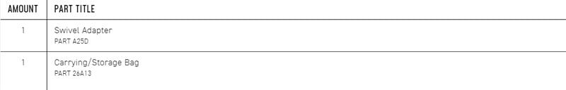 AMOUNTPART TITLESwivel AdapterPART A25DCarrying/Storage BagPART 26A13