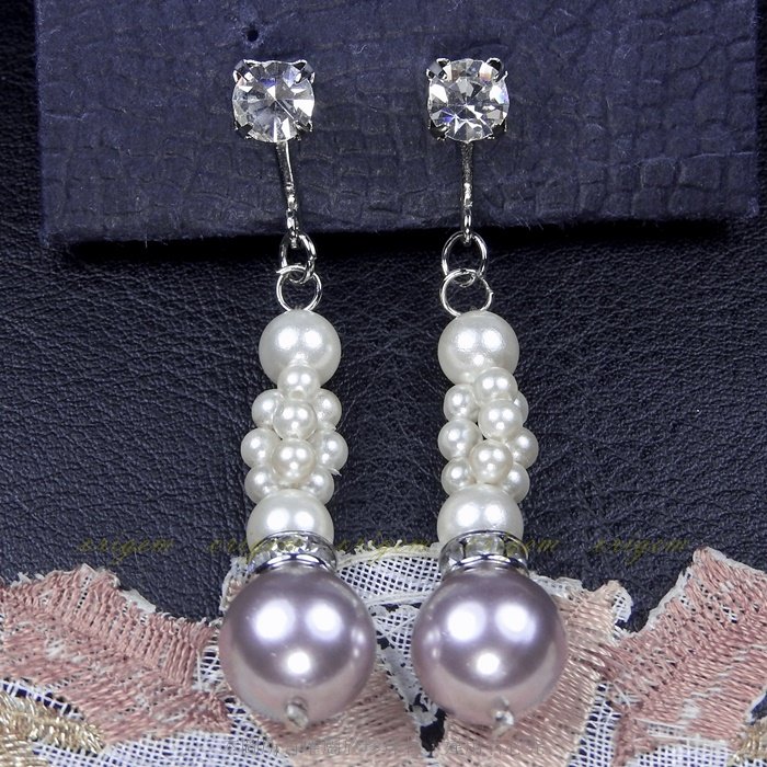 珍珠林~珍珠夾式耳環(可更換針式)~南洋深海硨磲貝珍珠(白、紫)鋯石晶鑽#659+2
