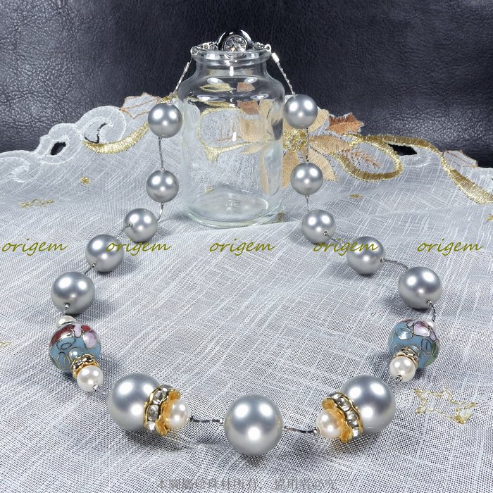 珍珠林~12mm珍珠串鍊~南洋深海硨磲貝珍珠(銀灰色)搭配手繪景泰藍#993+2