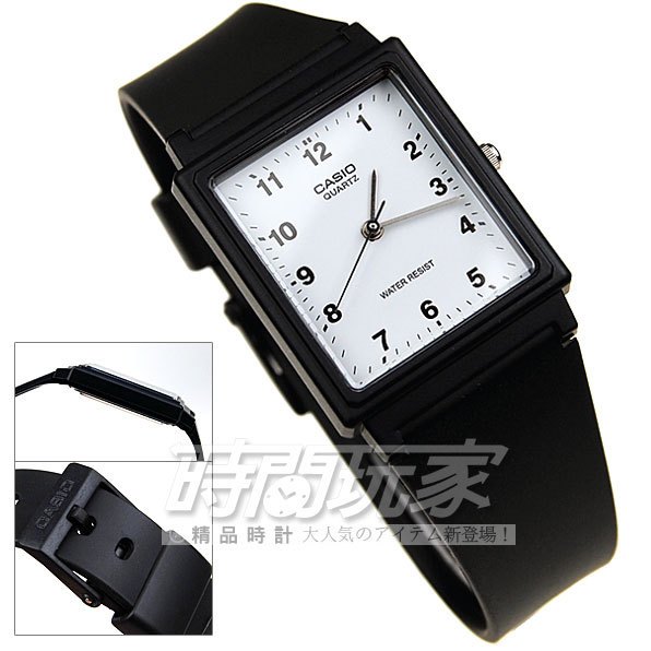 CASIO 簡約品味 社會新鮮人&amp;活力大學生的最愛，就要超輕薄 簡單俐落 新時尚女錶 方形錶-黑色膠帶/白色錶面 MQ-27-7B (數字款) MQ-27-7BDF