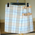 【全新現貨 回饋價】BURBERRY 英系經典格紋流蘇蘇格蘭短裙.粉藍現金價$11,200