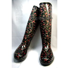 風靡日本~台灣製造女雨鞋~雨靴~破盤價~內附原廠鞋墊~超舒適~冬天可當保暖靴子穿(黑小花)