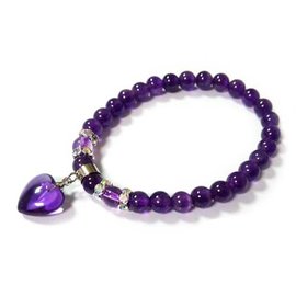 紫水晶愛心與圓珠彈性手環