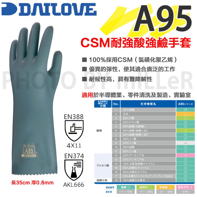 【米勒線上購物】防酸鹼手套 日本 DAILOVE A95 CSM材質 防護多種強酸性化學物及酒精 現貨