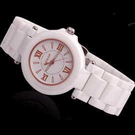 5Cgo【代購七天交貨】 16255313442 白色陶瓷錶 寶石錶面/玫瑰金刻紋/防潑水 時尚女式錶