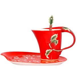 5Cgo【代購七天交貨】 琺琅瓷 16794731328 聖誕紅 立體花陶瓷杯盤匙組 (一組) 咖啡 花茶 下午茶