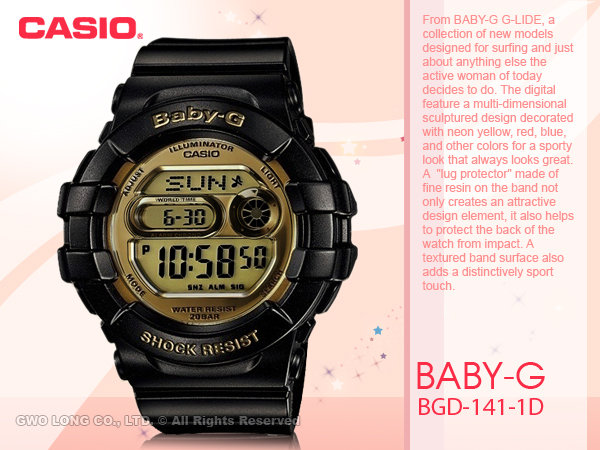 CASIO 手錶專賣店BABY G BGD-141-1D R 女錶繽紛夜光防水橡膠錶帶黑金