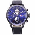 Tommy 美國時尚三眼流行風格優質皮革腕錶-黑+藍-1791241