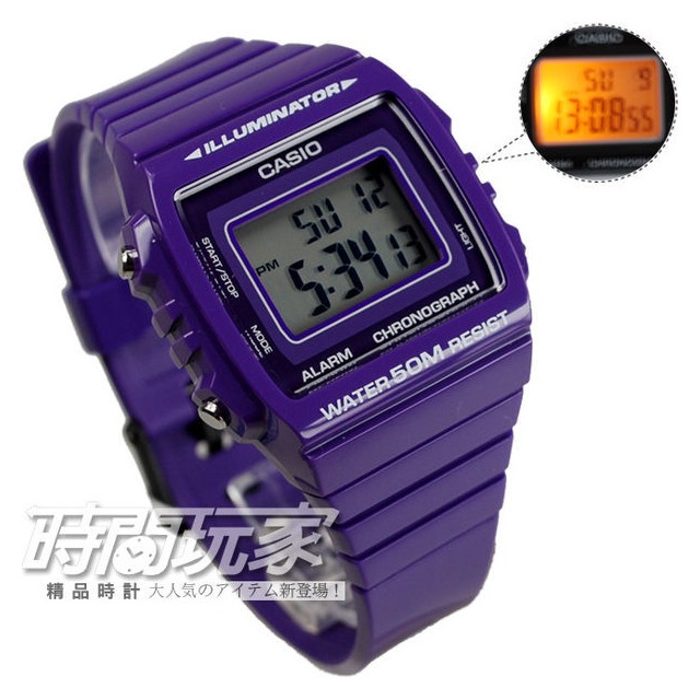 W-215H-6A CASIO方形數字錶電子錶,超亮LED照明計時碼錶鬧鈴43mm防水50M男錶女錶中性錶,紫色膠帶