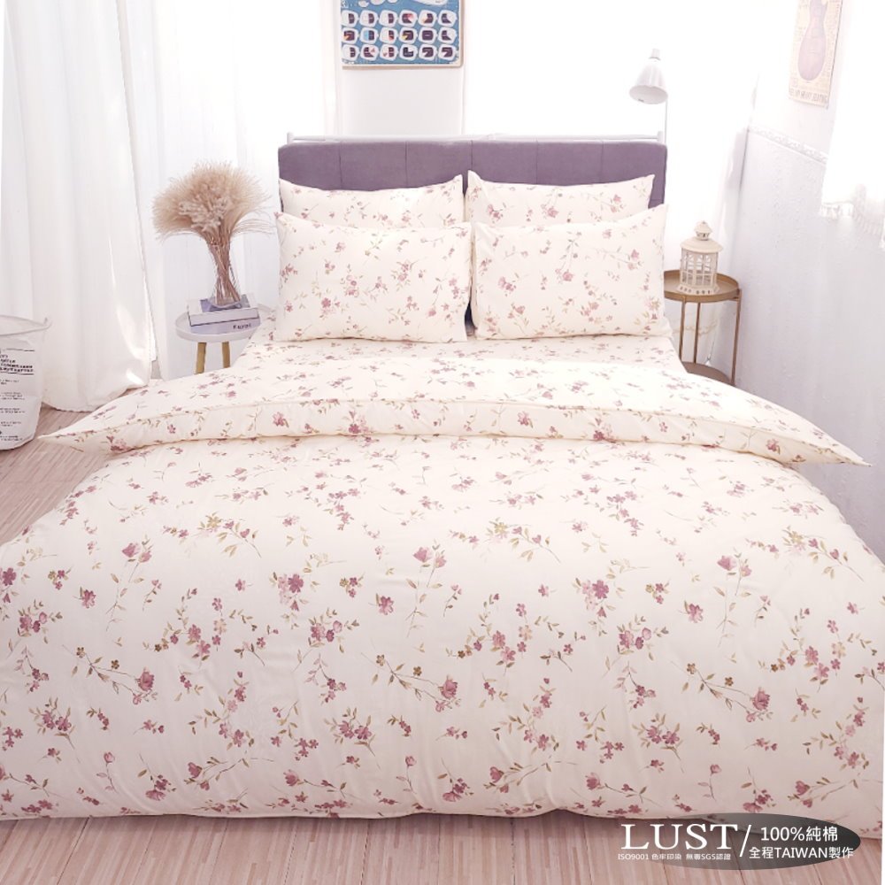 LUST【法式玫瑰】100%純棉、雙人床包/枕套/薄被套6X7尺組、台灣製
