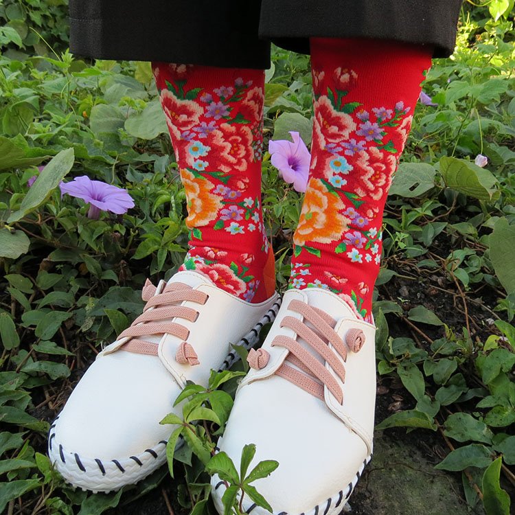 【JHJ DESIGN】台灣精品 客家花布 經典 牡丹花 針織 綿質 長襪 小腿襪 襪子 傳統花布 大紅