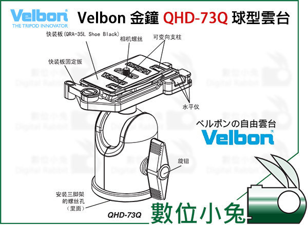 數位小兔【Velbon 金鐘QHD-73Q 球型雲台】高載重輕量化設計球形公司貨