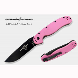 全球著名百年軍用刀廠-美國安大略 Ontario- RAT-1 Liner Lock Knife 粉紅柄戰術折刀 (黑平刃)-#ON 8866
