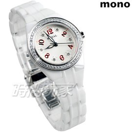 mono ROYAL 都會新貴系列 小花鑲鑽陶瓷錶 鑽框白面超高硬度 小圓錶 防水 女錶 R0526D紅
