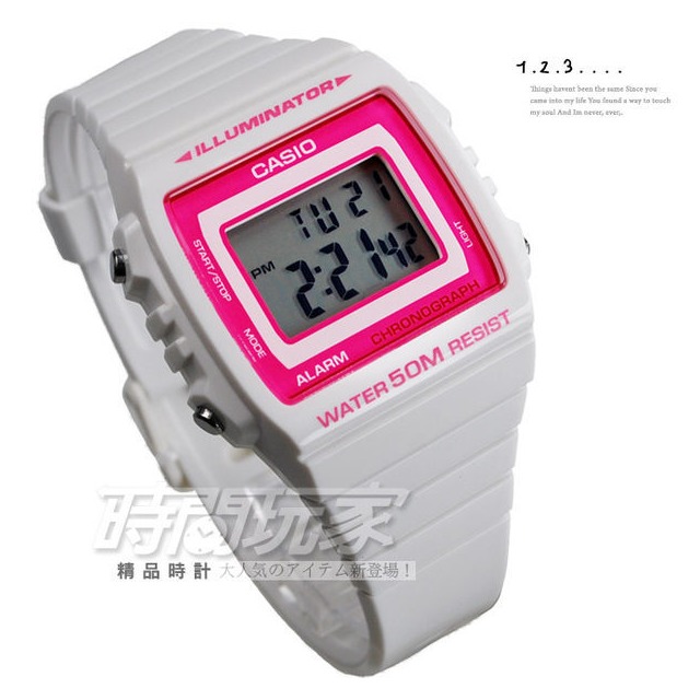 W-215H-7A2VDF CASIO方形數字錶超亮LED照明電子錶,計時碼錶鬧鈴43mm防水50M男錶女錶中性錶,白色膠帶
