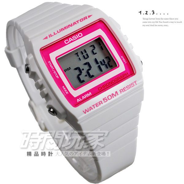 W-215H-7A2VDF CASIO方形數字錶超亮LED照明電子錶,計時碼錶鬧鈴43mm防水50M男錶女錶中性錶,白色膠帶