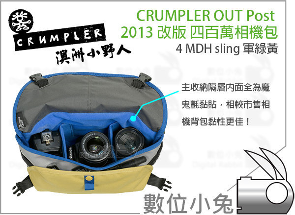 數位小兔【Crumpler 小野人4 Million Dollar Home Sling 相機包軍綠黃