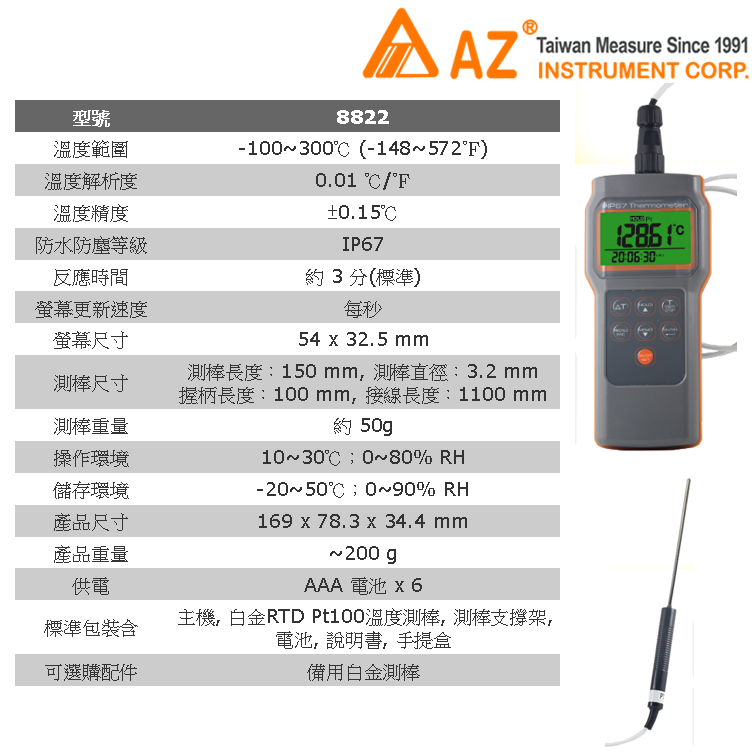 Pt100 RTD Thermometer, 8821 AZ - AZ Instrument Corp.