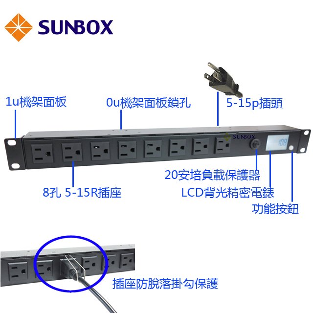 8孔 20A 電錶PDU (SPM-2012-08F) SUNBOX