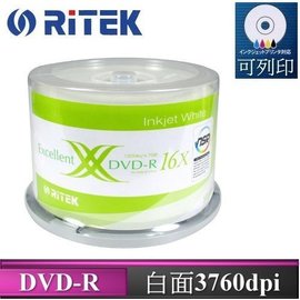 錸德 Ritek 空白光碟片 X版 16X DVD-R 4.7GB 白色滿版/3760dpi 可印片x 50P布丁桶