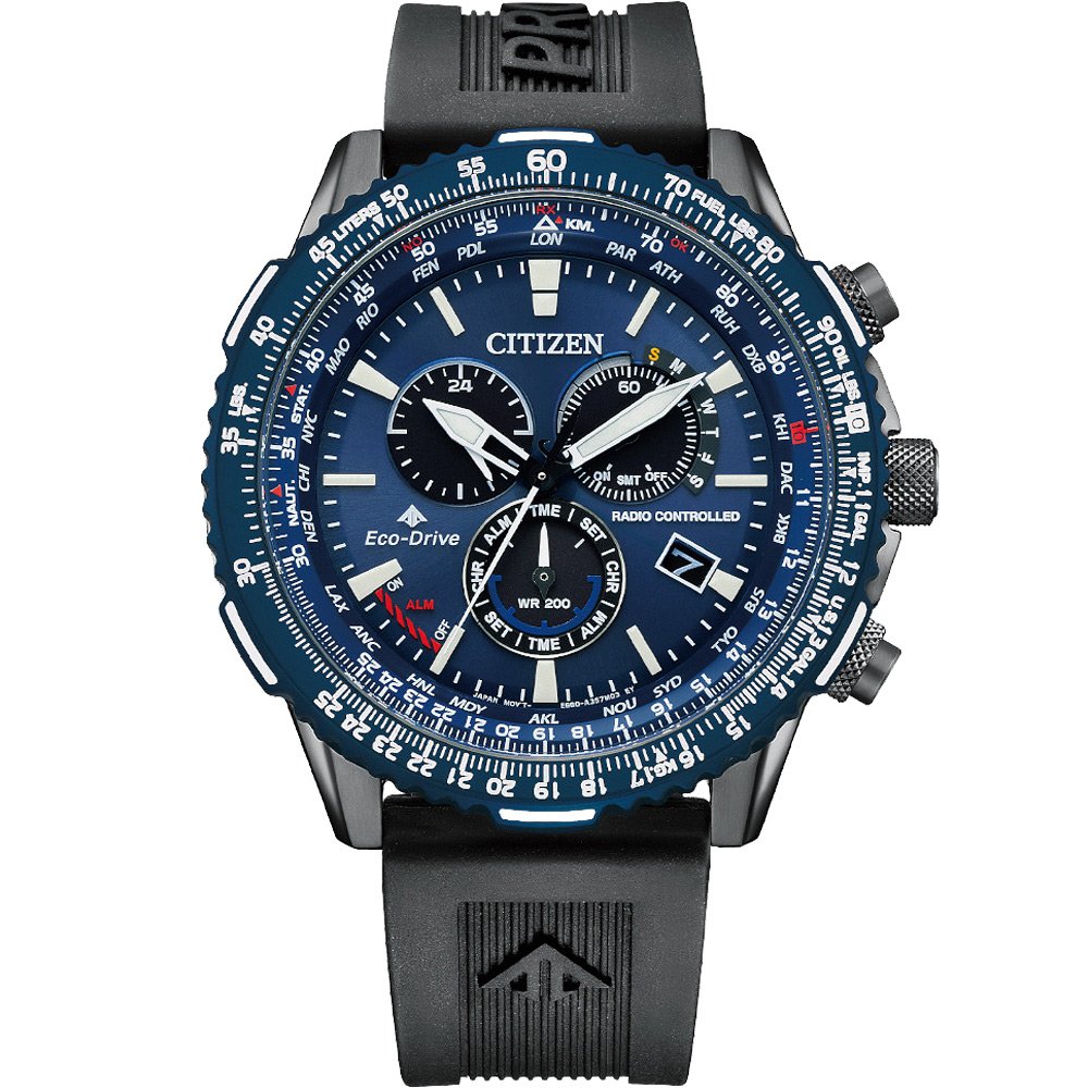 CITIZEN 俠客運動 PROMASTER 光動能電波萬年曆計時腕錶-黑+藍-CB5006-02L