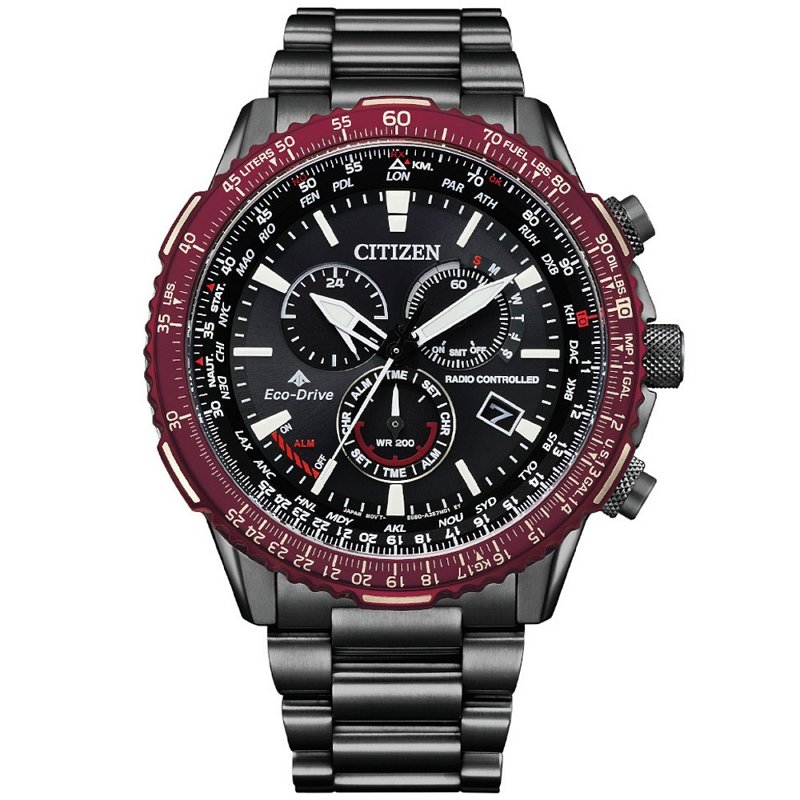 CITIZEN 俠客運動 PROMASTER 光動能電波萬年曆計時腕錶-黑紅-CB5009-55E