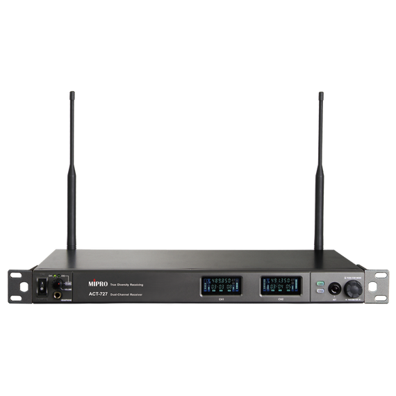 MIPRO 嘉強ACT-727 UHF類比1U新寬頻雙頻道接收機(含二隻無線麥克風 )，傳道、教學、演講皆適用。