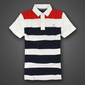 美國百分百【Tommy Hilfiger】Polo衫 TH 短袖 上衣 條紋 網眼 白色 深藍 紅色 XS號 F272