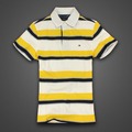 美國百分百【Tommy Hilfiger】Polo衫 TH 短袖 上衣 條紋 棉 白色 黃色 深藍 XS號 F324