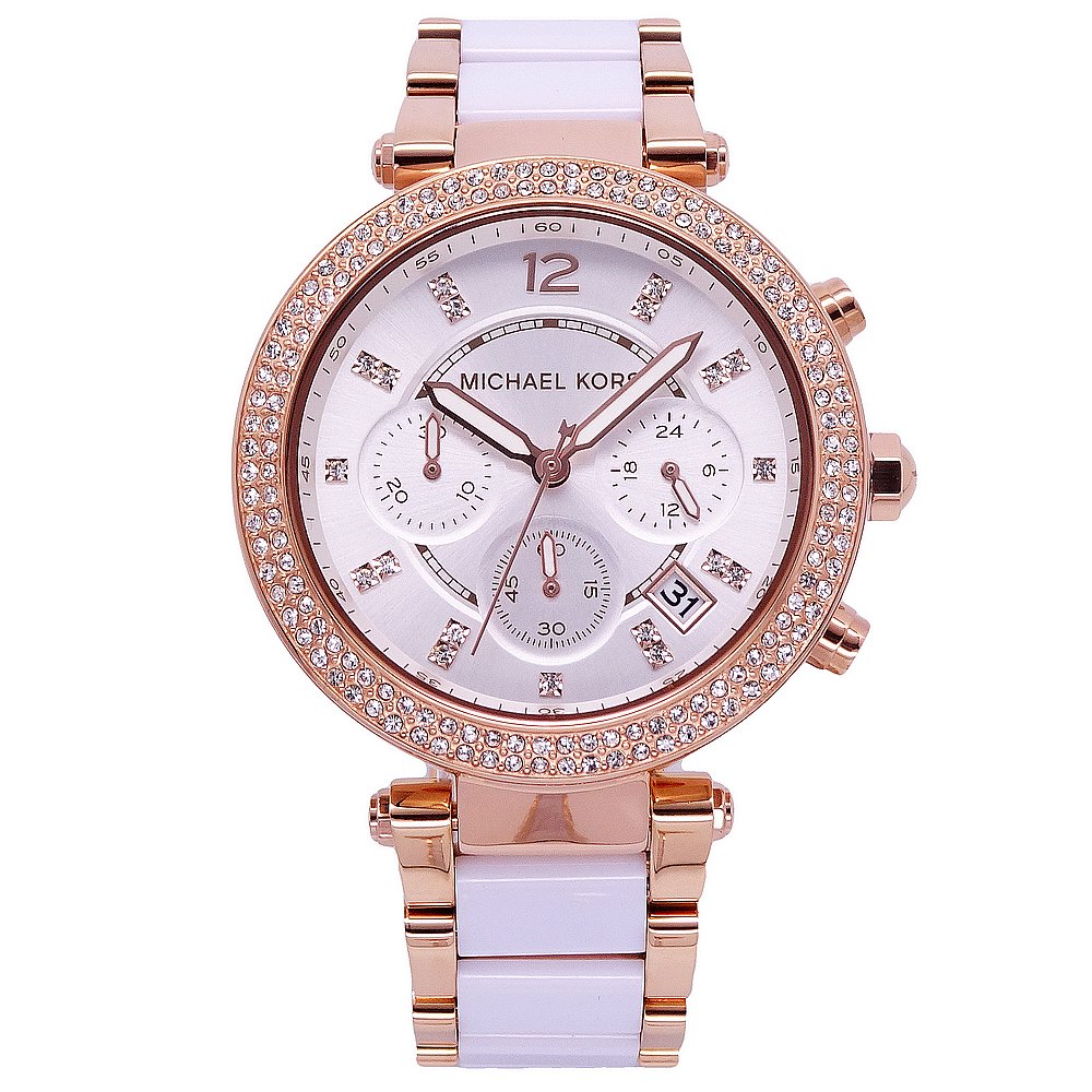 Michael Kors 超時代巨星閃耀晶鑽三眼計時優質腕錶-白+玫瑰金-MK5774