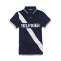 美國百分百【Tommy Hilfiger】Polo衫 TH 短袖 網眼 上衣 彩帶 logo 白 深藍 S號 F418