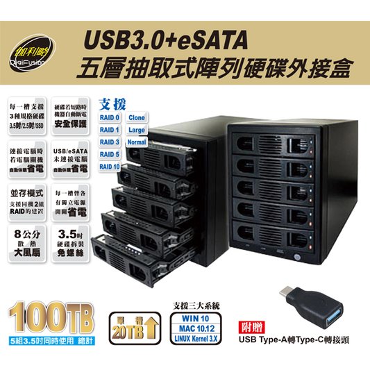 (支援20TB)伽利略 USB3.0 + eSATA 1至5層抽取式硬碟外接盒(35D-U3ES5R)