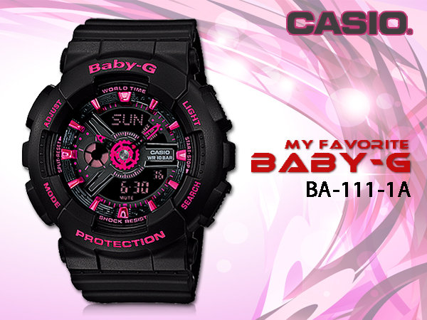 CASIO 時計屋卡西歐手錶BABYG BA-111-1A 黑框桃紅防水100米LED照明世界