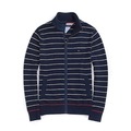美國百分百【全新真品】Tommy Hilfiger 外套 針織衫 TH 線衫 毛衣 立領 條紋 深藍 S號 F774