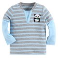 【媽咪 &amp; baby】 mom and bab 可愛熊貓系列純棉薄款長袖上衣／T恤-灰藍條紋款 12m-6T