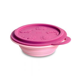 【加拿大Marcus &amp; Marcus】動物樂園矽膠摺疊碗/餐碗-粉紅豬(紫紅碗蓋/粉紅碗)
