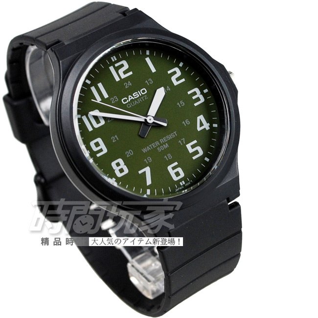 CASIO卡西歐 簡約指針錶 撞色數字圓錶 橡膠錶帶 軍綠色 MW-240-3BVDF MW-240-3B