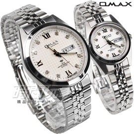 OMAX 情人對錶 時尚城市數字小圓錶 不銹鋼帶 藍寶石水晶 鑽錶 OMAX4004M白D/OMAX4004L白D