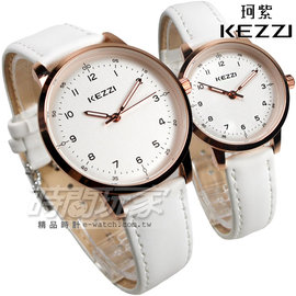 KEZZI珂紫 情人對錶 數字時尚 都會腕錶 白x玫瑰金色 皮帶 對錶 KE1388玫白大+KE1388玫白小