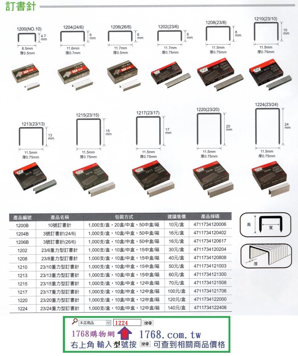 【1768購物網】1200B SDI 手牌10號訂書針-1000支/小盒 (1200)